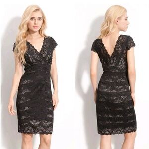 JS Collections Petite Black Floral Sequin Lace Layered V-Neck Sheath Mini Dress